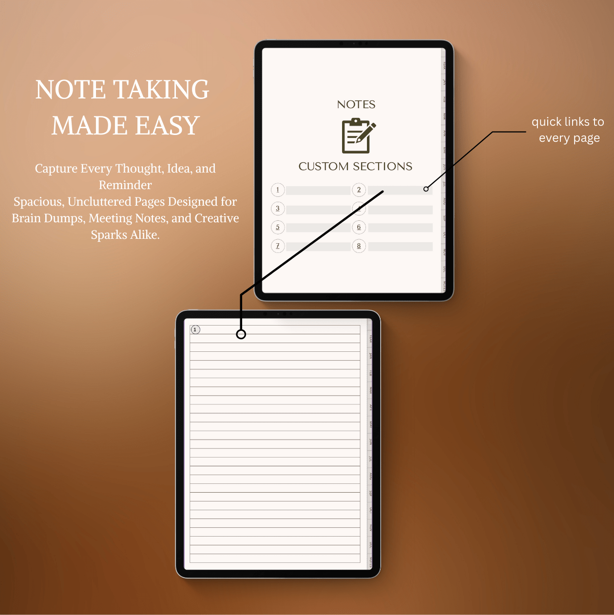 Note-taking app interface with customizable sections on a brown background